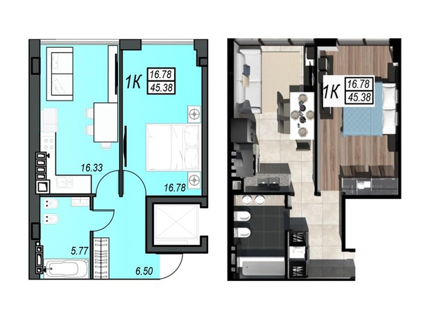 ЖК Sunrise City: планировка 1-комнатной квартиры 45.38 м²