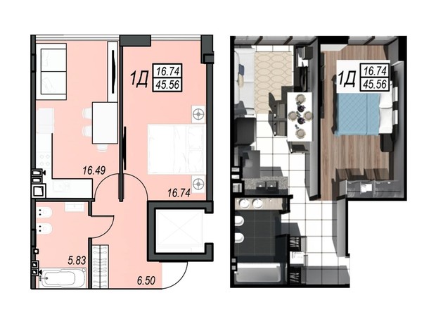 ЖК Sunrise City: планування 1-кімнатної квартири 45.56 м²