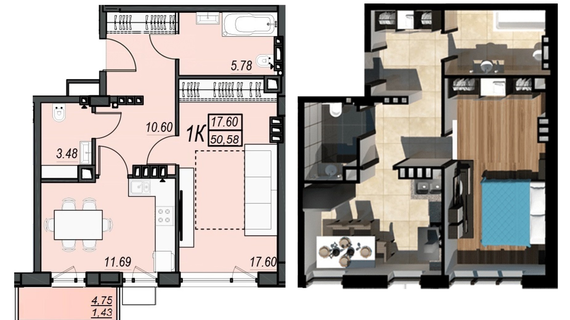 Планування 1-кімнатної квартири в ЖК Sunrise City 50.58 м², фото 610503