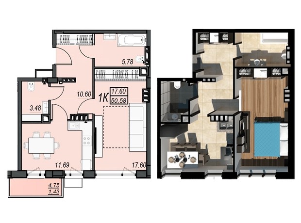 ЖК Sunrise City: планировка 1-комнатной квартиры 50.58 м²