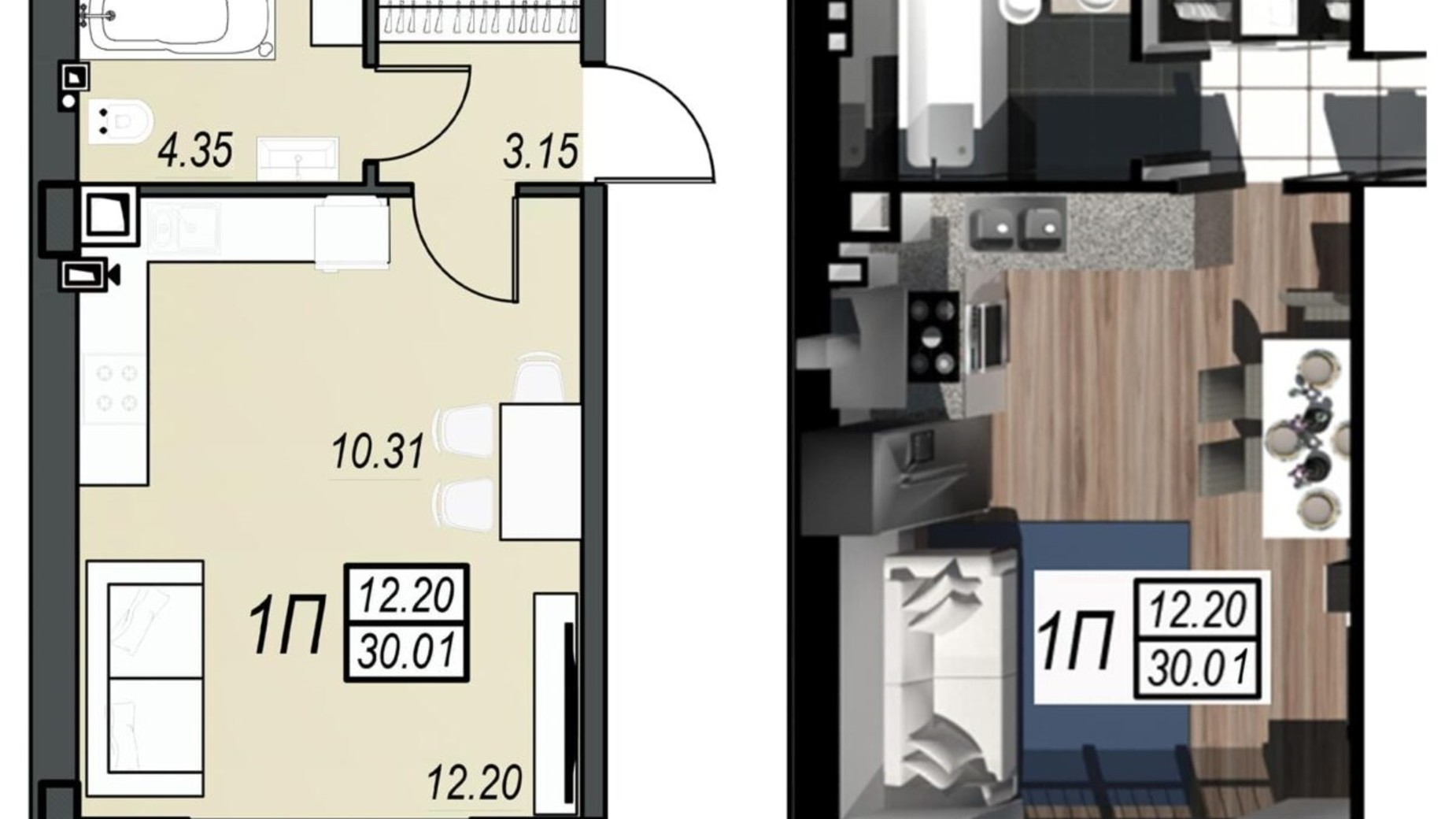 Планування смарт квартири в ЖК Sunrise City 29.83 м², фото 610504