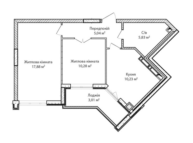 ЖК Синергия Сити (Kvartal Group): планировка 2-комнатной квартиры 57.6 м²