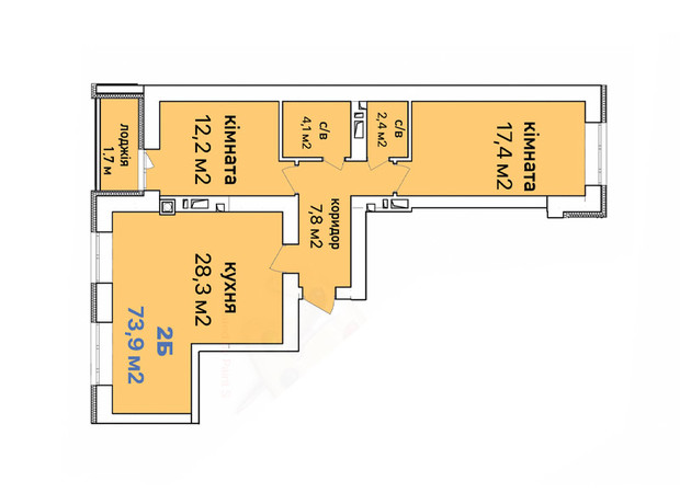 ЖК Синергия Сити (Kvartal Group): планировка 2-комнатной квартиры 77.6 м²