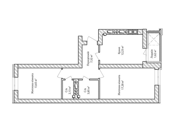 ЖК Синергия Сити (Kvartal Group): планировка 2-комнатной квартиры 58.3 м²