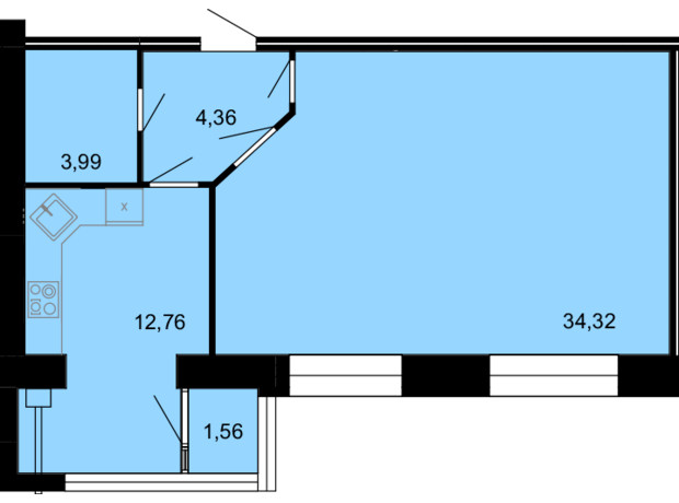 ЖК Сімейний Comfort: планування 1-кімнатної квартири 56.99 м²