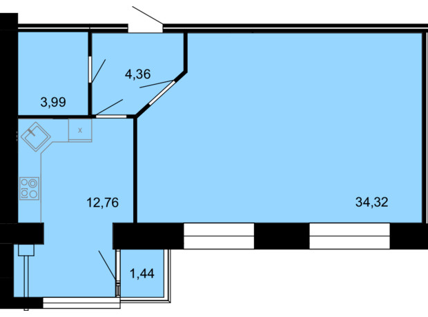 ЖК Сімейний Comfort: планування 1-кімнатної квартири 56.87 м²