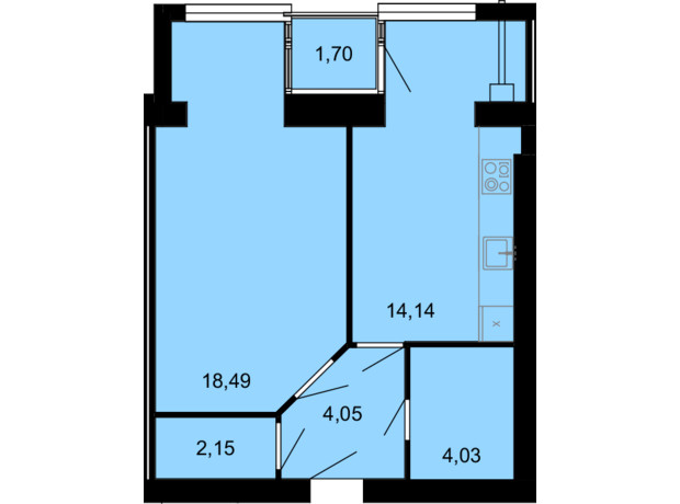 ЖК Сімейний Comfort: планування 1-кімнатної квартири 44.56 м²