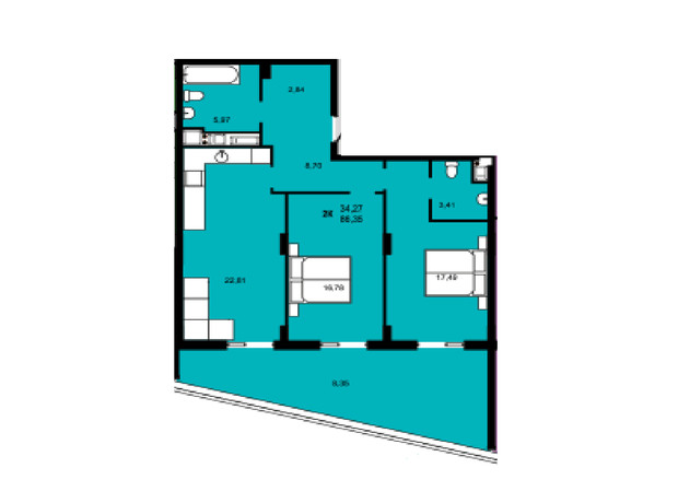 ЖК Continent Green: планировка 2-комнатной квартиры 86.35 м²