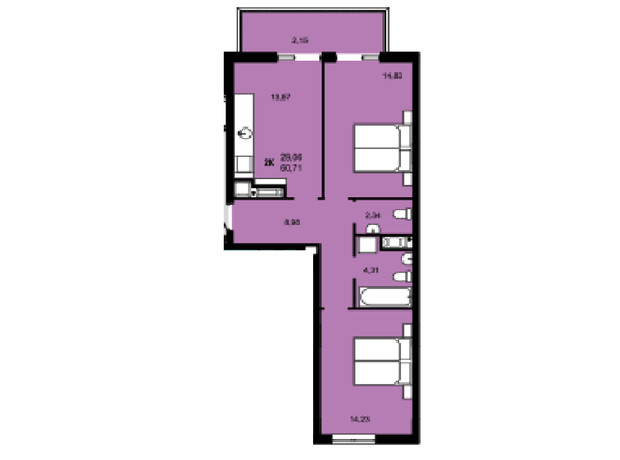 ЖК Continent Green: планировка 2-комнатной квартиры 60.71 м²