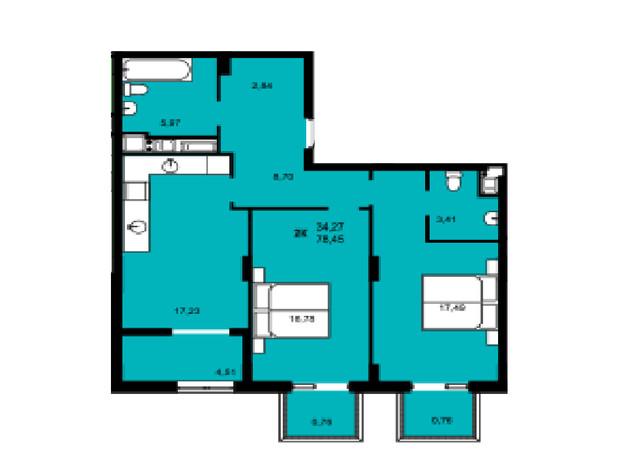 ЖК Continent Green: планування 2-кімнатної квартири 78.45 м²