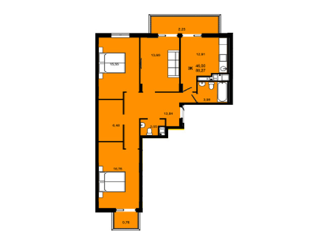 ЖК Continent Green: планування 3-кімнатної квартири 88.27 м²