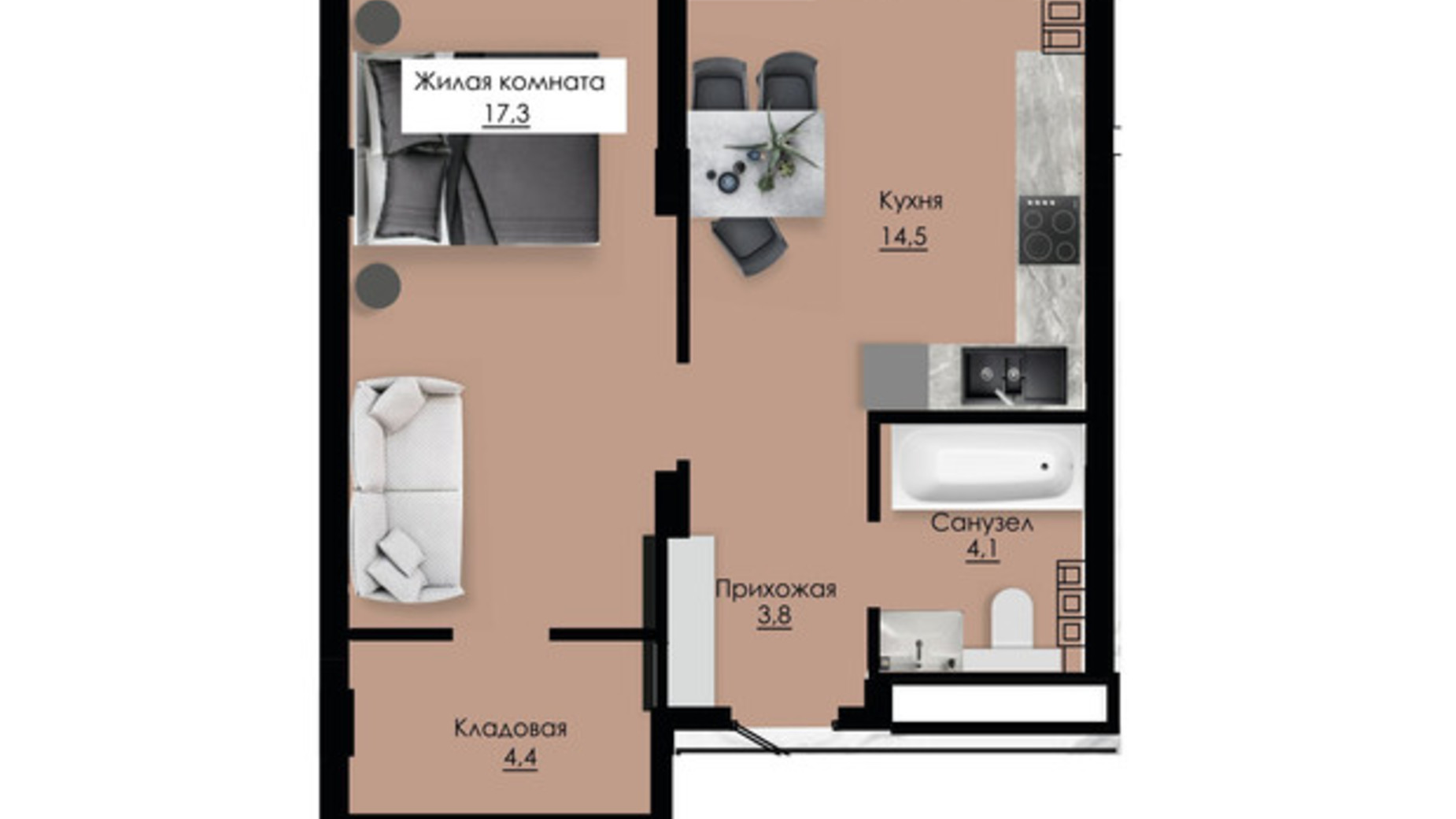 Планування 1-кімнатної квартири в ЖК Приморські Сади 44.3 м², фото 611228