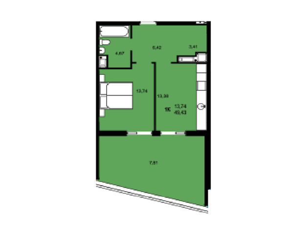 ЖК Continent Green: планировка 1-комнатной квартиры 49.43 м²