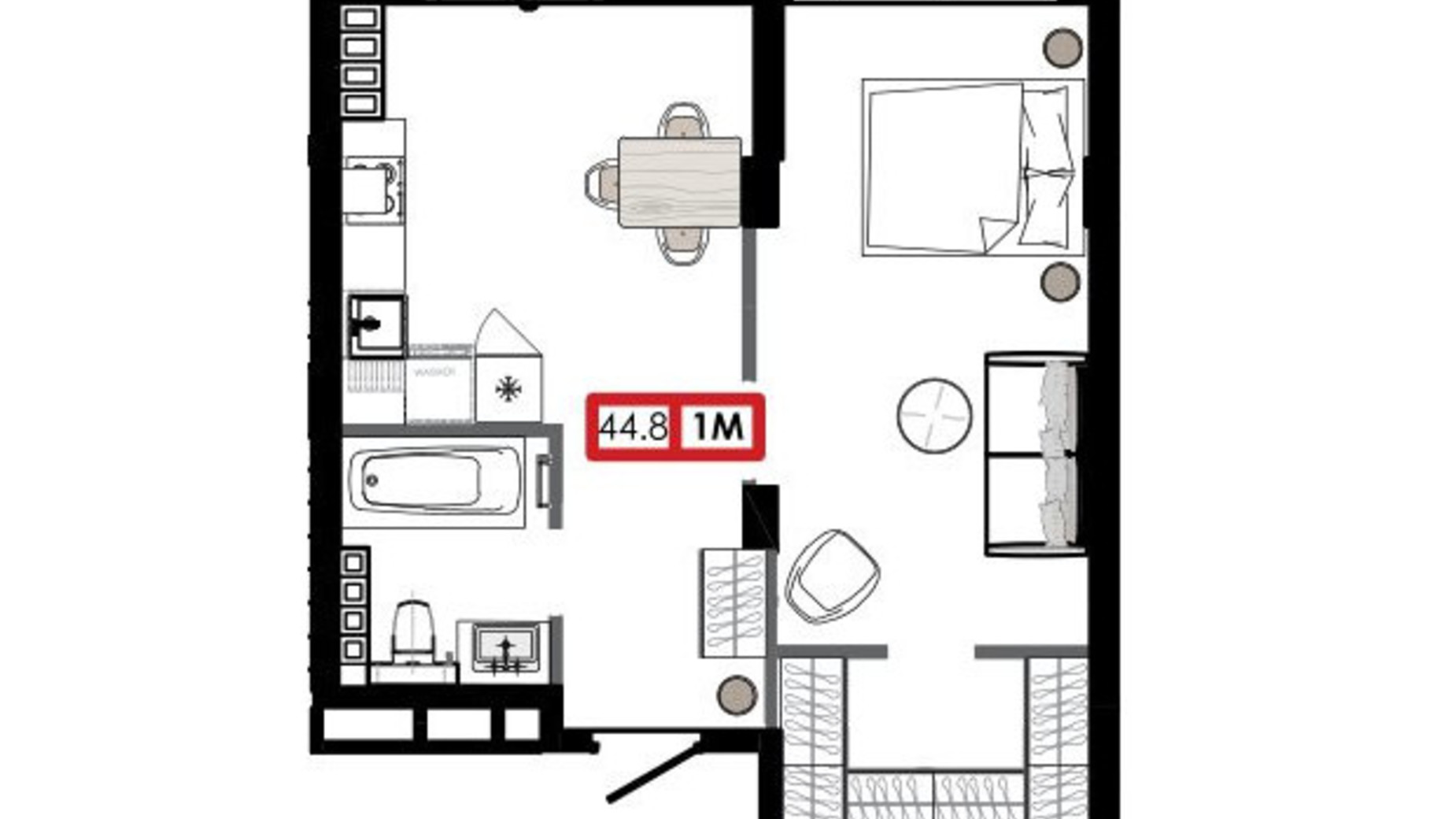 Планування 1-кімнатної квартири в ЖК Приморські Сади 44.96 м², фото 611231