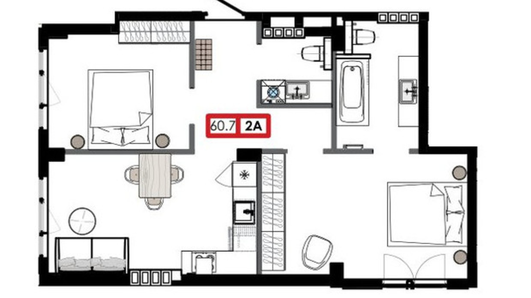 Планировка 2-комнатной квартиры в ЖК Приморские Сады 59.86 м², фото 611233