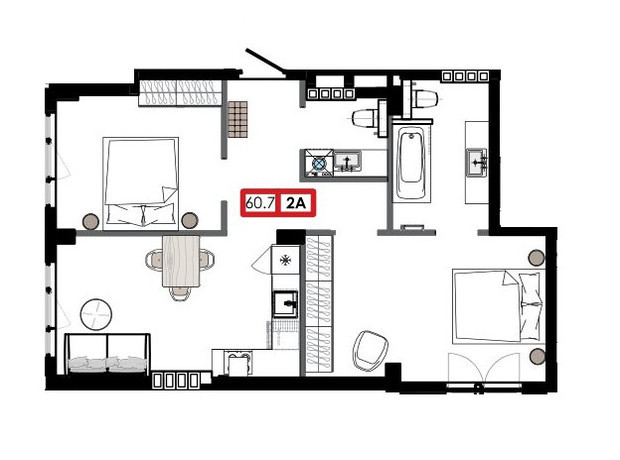 ЖК Приморські Сади: планування 2-кімнатної квартири 59.86 м²