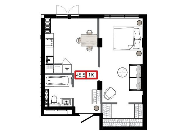 ЖК Приморские Сады: планировка 1-комнатной квартиры 44.54 м²