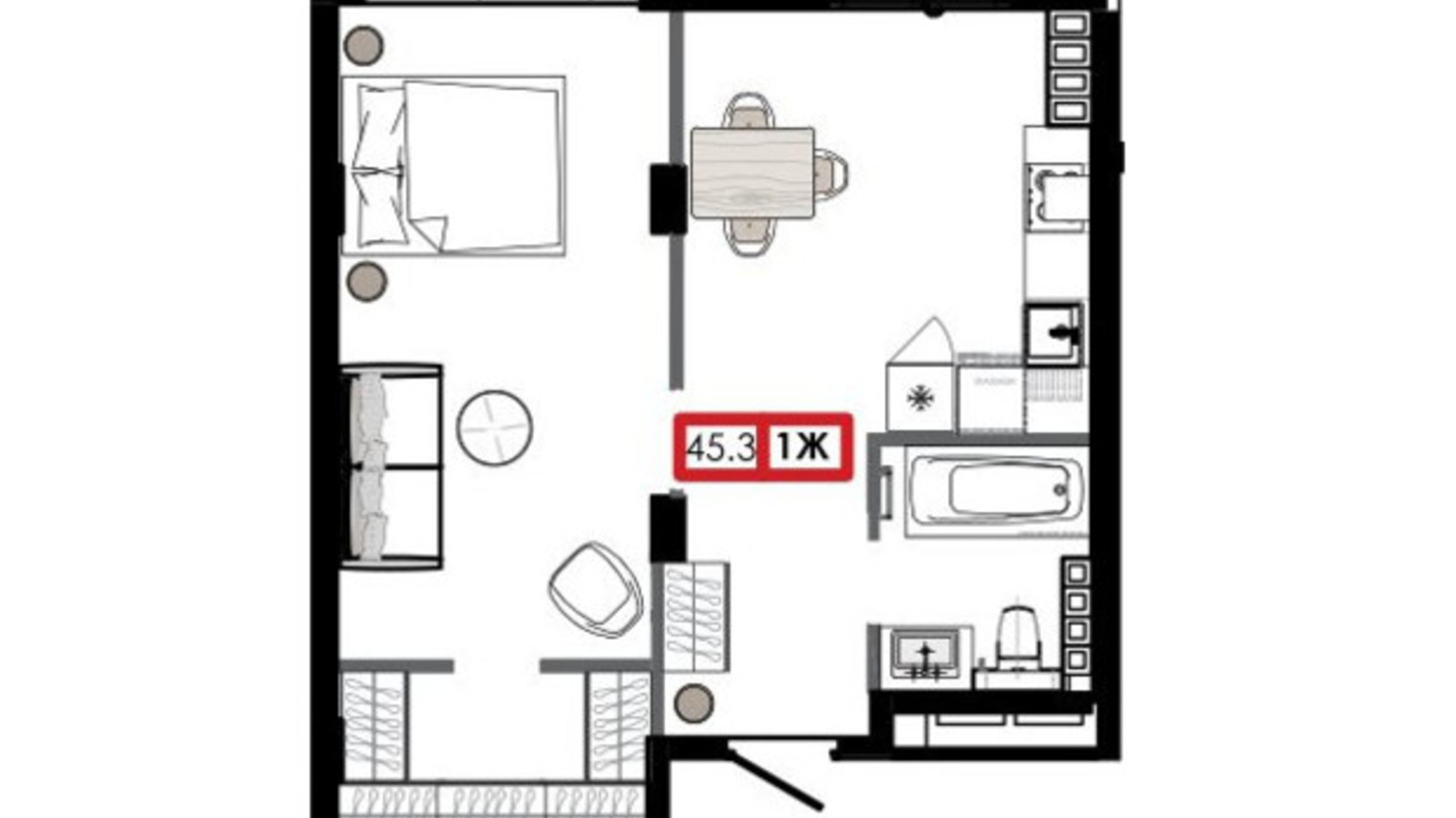 Планування 1-кімнатної квартири в ЖК Приморські Сади 45.5 м², фото 611241