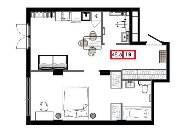 ЖК Приморські Сади: планування 1-кімнатної квартири 48.7 м²