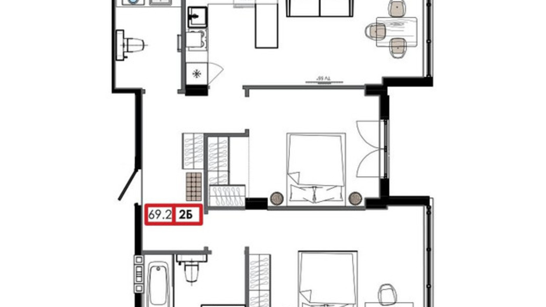 Планування 2-кімнатної квартири в ЖК Приморські Сади 69.2 м², фото 611245