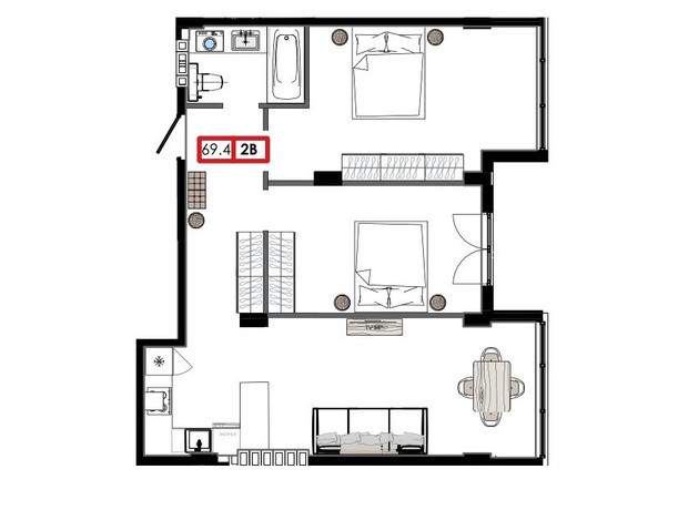 ЖК Приморские Сады: планировка 2-комнатной квартиры 69.4 м²