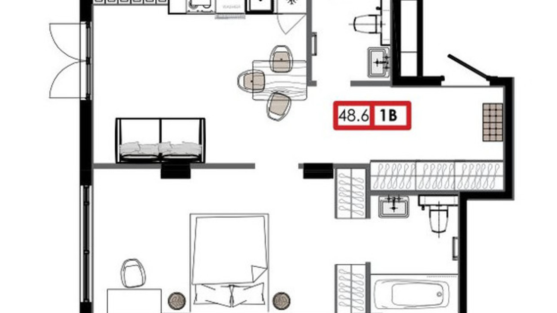Планування 1-кімнатної квартири в ЖК Приморські Сади 48.6 м², фото 611249