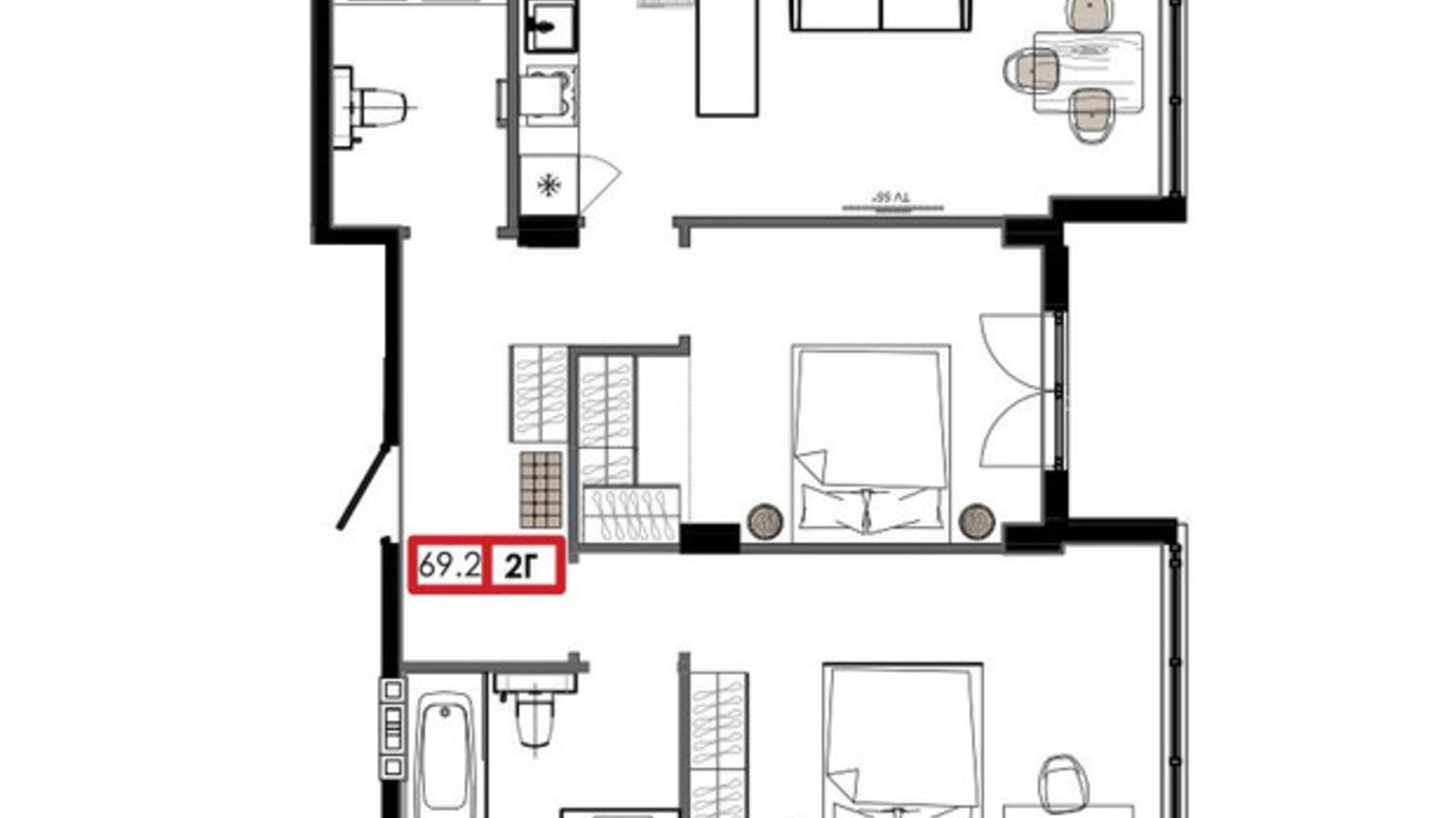 Планування 2-кімнатної квартири в ЖК Приморські Сади 69.2 м², фото 611252