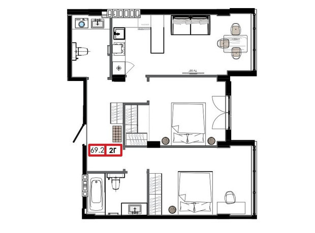 ЖК Приморські Сади: планування 2-кімнатної квартири 69.2 м²