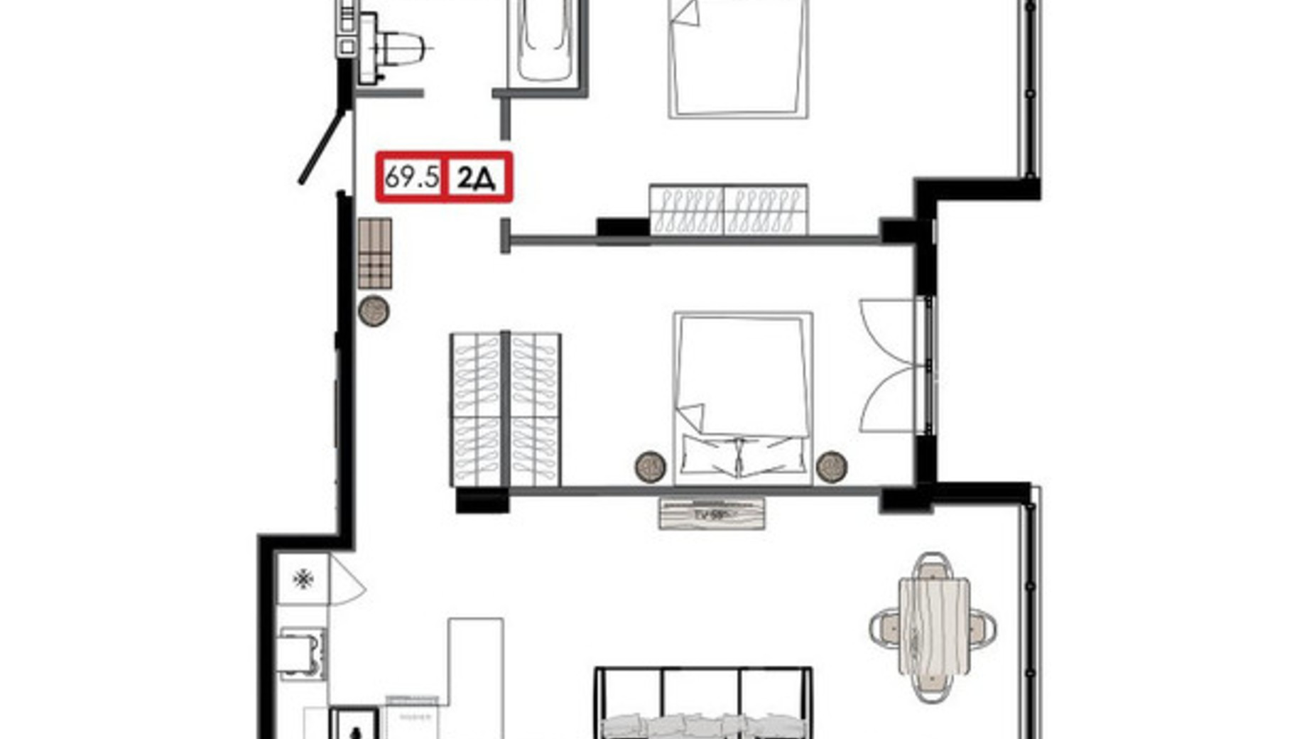 Планування 2-кімнатної квартири в ЖК Приморські Сади 69.5 м², фото 611255