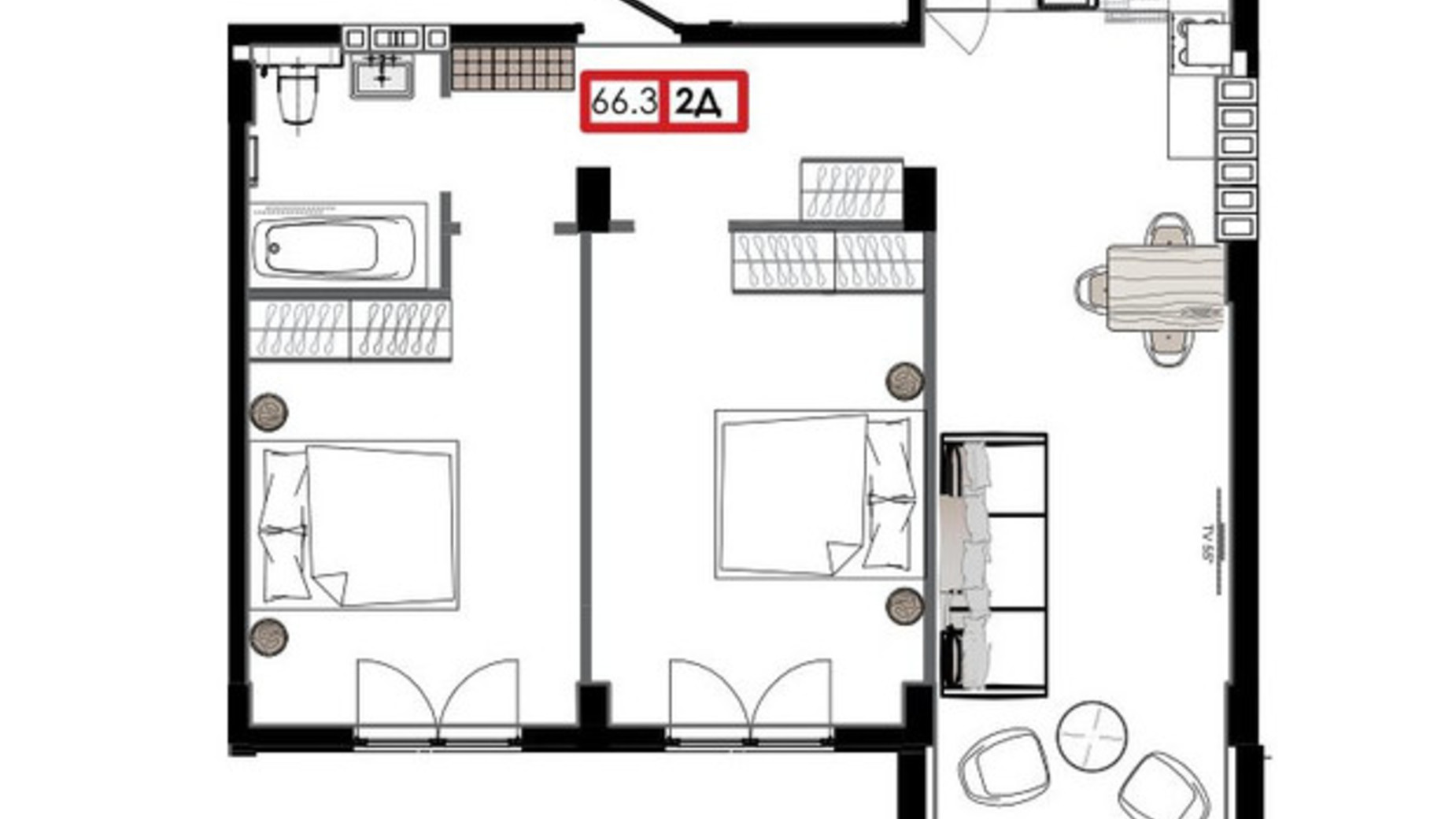 Планування 2-кімнатної квартири в ЖК Приморські Сади 66.3 м², фото 611259