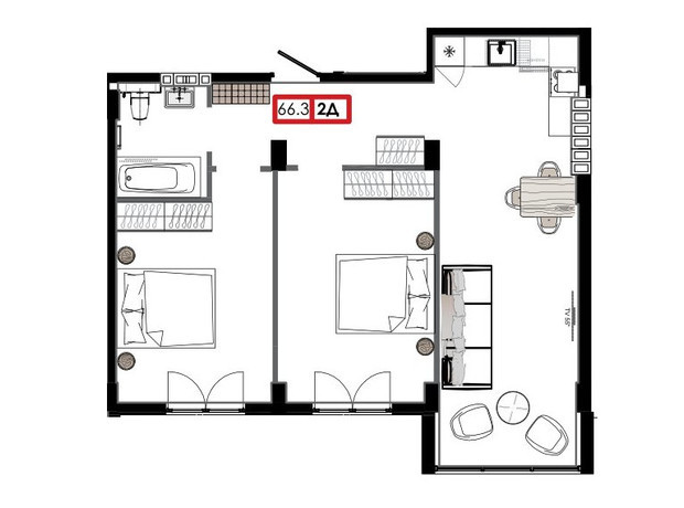 ЖК Приморские Сады: планировка 2-комнатной квартиры 66.3 м²