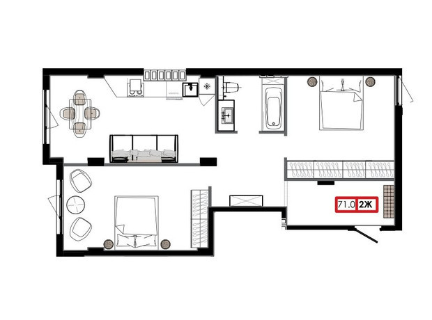 ЖК Приморские Сады: планировка 2-комнатной квартиры 71 м²