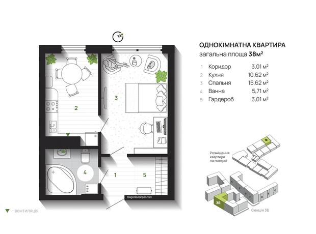 ЖК Парковая Аллея: планировка 1-комнатной квартиры 38 м²