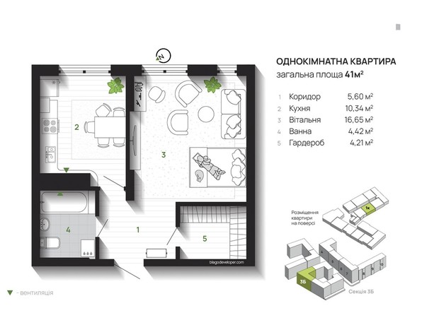 ЖК Паркова Алея: планування 1-кімнатної квартири 41 м²