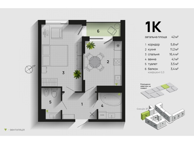 ЖК Паркова Алея: планування 1-кімнатної квартири 42 м²