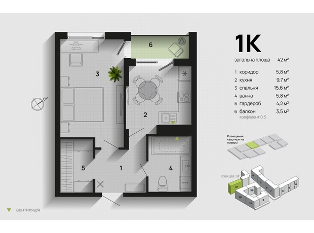 ЖК Парковая Аллея: планировка 1-комнатной квартиры 42 м²
