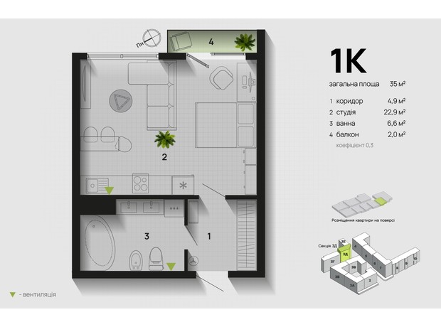 ЖК Парковая Аллея: планировка 1-комнатной квартиры 35 м²