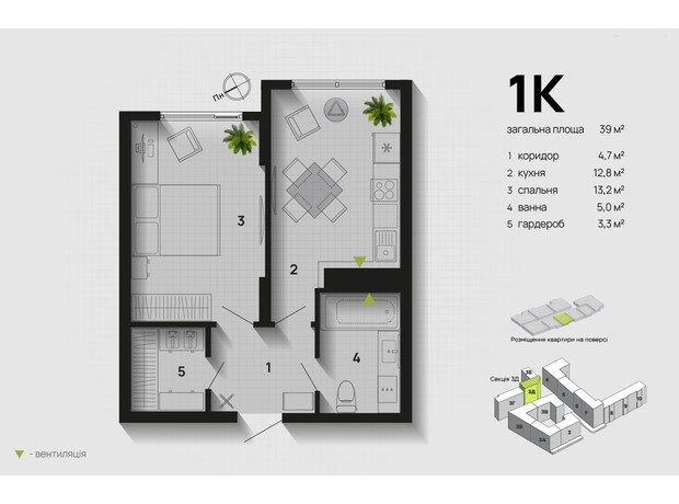 ЖК Паркова Алея: планування 1-кімнатної квартири 39 м²