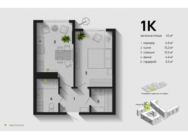 ЖК Парковая Аллея: планировка 1-комнатной квартиры 40 м²