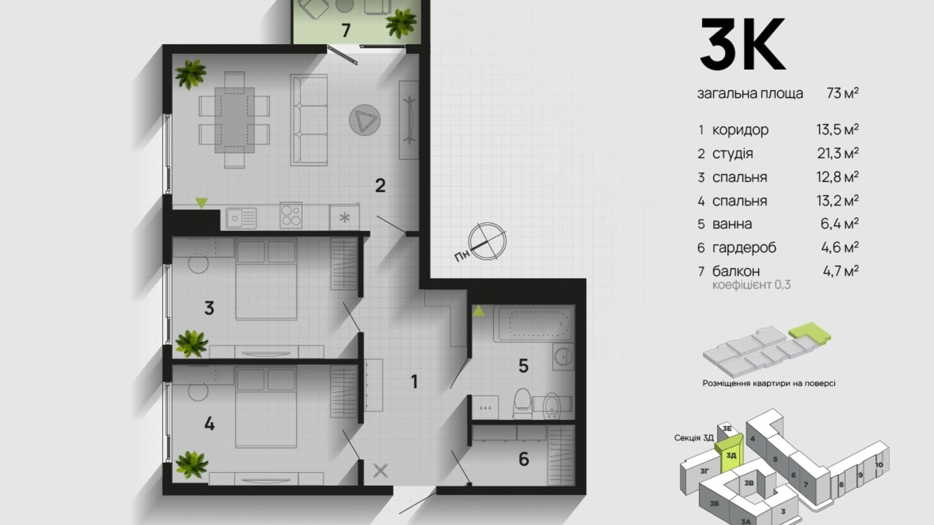 Планування 3-кімнатної квартири в ЖК Паркова Алея 73 м², фото 611347