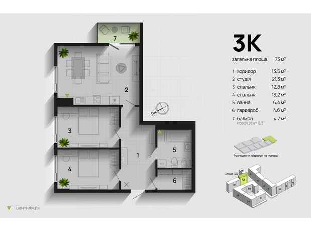 ЖК Парковая Аллея: планировка 3-комнатной квартиры 73 м²