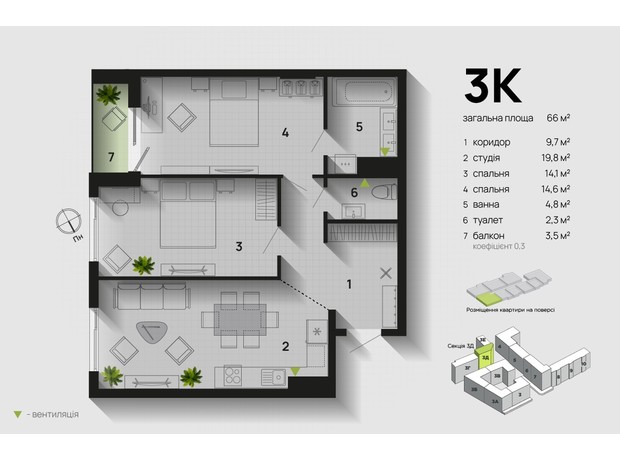 ЖК Парковая Аллея: планировка 3-комнатной квартиры 66 м²