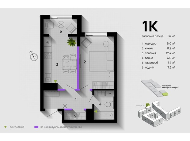 ЖК Паркова Алея: планування 1-кімнатної квартири 37 м²
