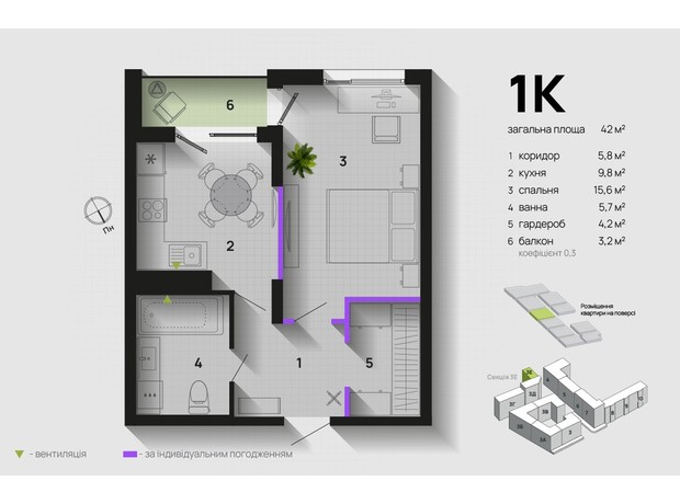 ЖК Паркова Алея: планування 1-кімнатної квартири 42 м²