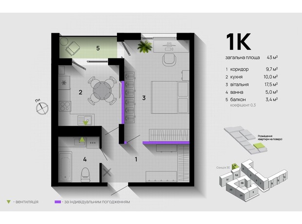 ЖК Парковая Аллея: планировка 1-комнатной квартиры 43 м²