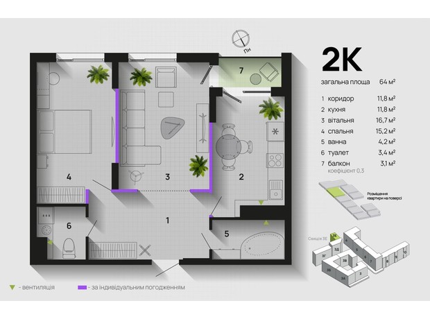 ЖК Парковая Аллея: планировка 2-комнатной квартиры 64 м²