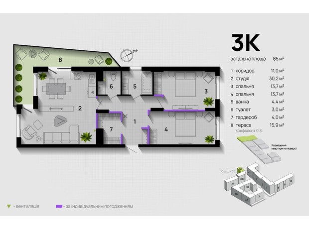 ЖК Паркова Алея: планування 3-кімнатної квартири 85 м²