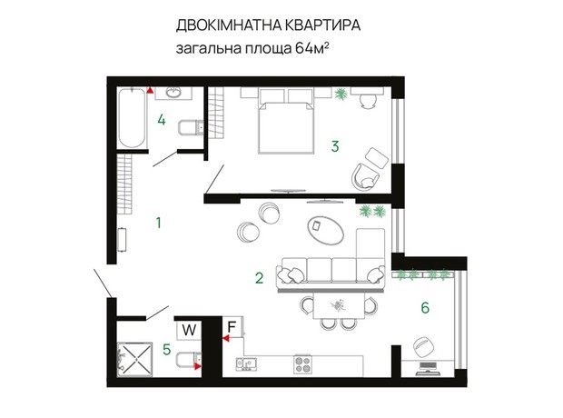 ЖК Comfort Park: планування 2-кімнатної квартири 64 м²