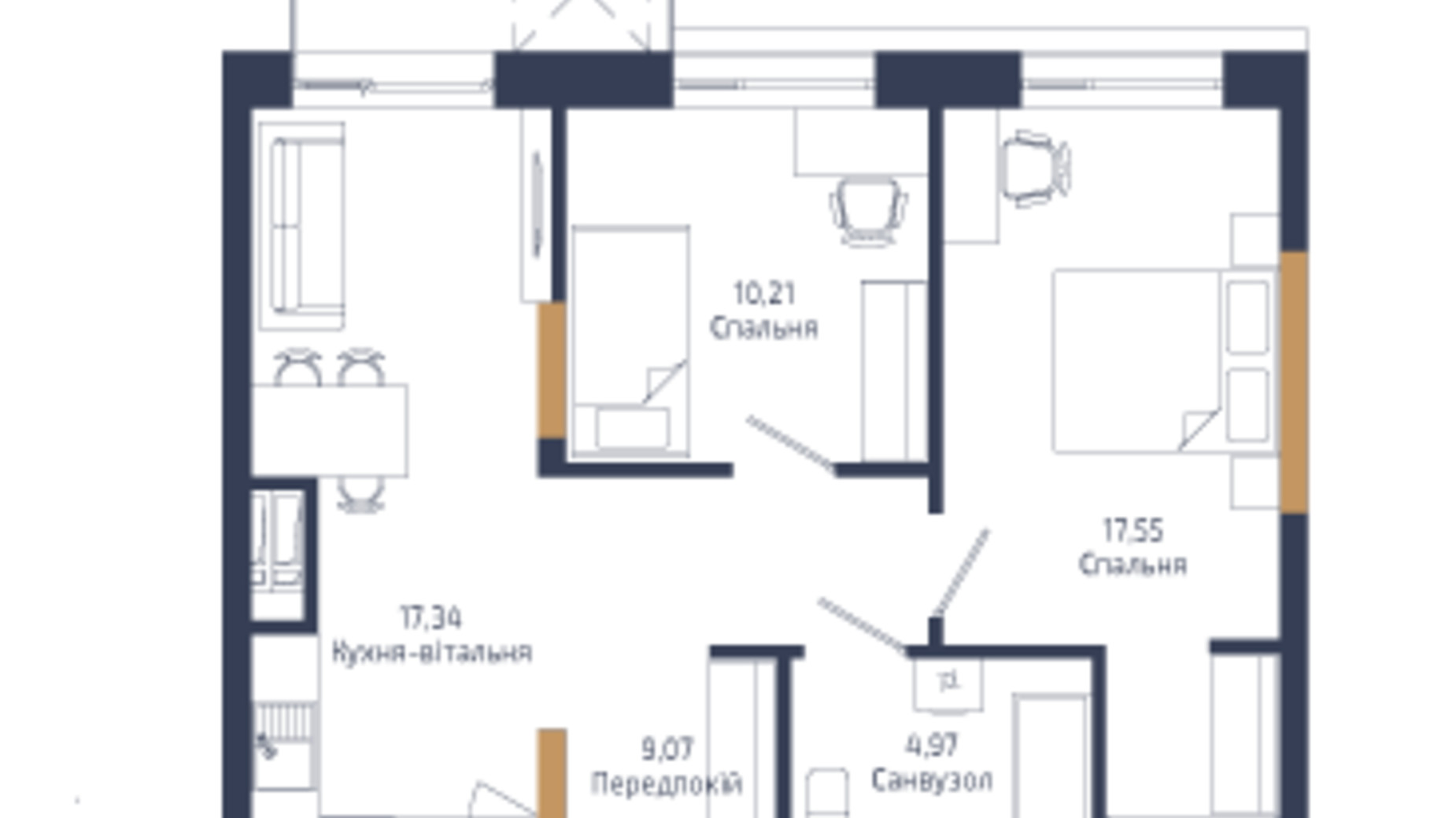 Планировка 2-комнатной квартиры в ЖК N69 Residents 60.93 м², фото 611719