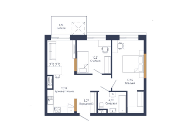 ЖК N69 Residents: планировка 2-комнатной квартиры 60.93 м²